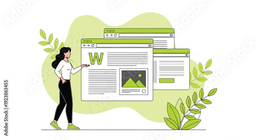 Woman Presenting Web Content with Browser Windows and Green Leaves