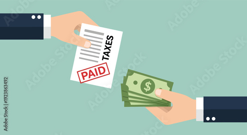 Hand Paying Taxes with Money Receiving Paid Document