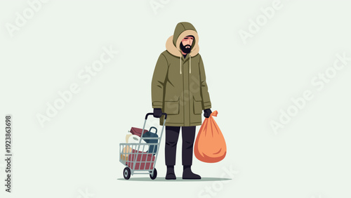 Vector Illustration of Cartoon Man with Orange Bag and Shopping Cart in Parka Depicting Homelessness