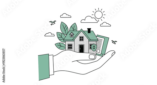 Hand Holding House with Green Leaves Shield and Document