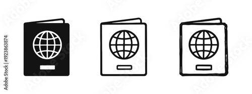 Passport with Globe Icon Set - Solid, Outline, and Hand-Drawn Styles for Travel and International Identity