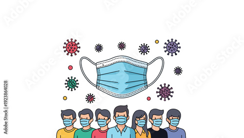 Conceptual illustration shows a group of people wearing face masks under a large mask to promote health and virus safety.