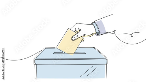 Continuous line drawing captures a person hand casting a paper ballot into a secure voting box for a democratic election.