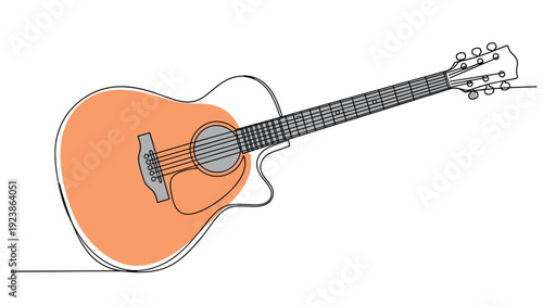 Artistic continuous line drawing of an acoustic guitar with a warm orange body and detailed strings and fretboard.