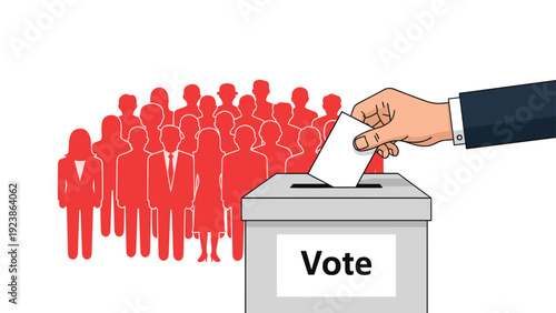 Hand casting a white ballot into a vote box with red silhouettes of a crowd in the background for election day.