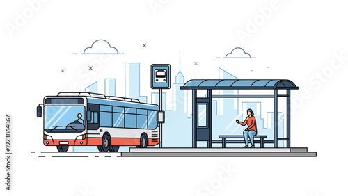 Passenger bus stops at a modern transit station with a female commuter waiting against a blue city skyline background.