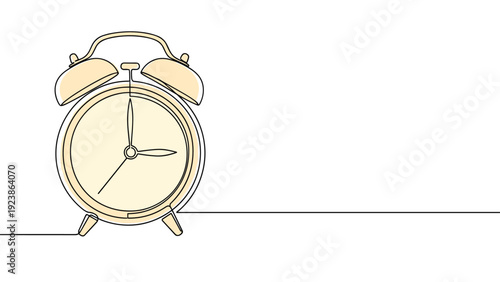 Minimalist continuous line drawing of a classic alarm clock features subtle yellow shading on a clean white background.