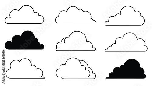 Selection of cloud icons includes both outline and solid black silhouettes arranged in a neat grid on a white background.