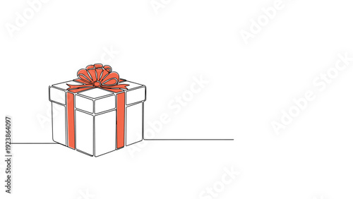 Square gift box with a large decorative orange bow is illustrated in a minimalist continuous line drawing technique.