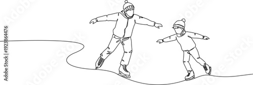 continuous line drawing of two boys ice skating, line art vector illustration
