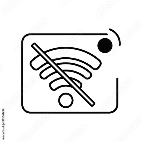 Minimalist black and white icon depicting a crossed-out WiFi signal, symbolizing no internet connection or network issues on a clean isolated background.