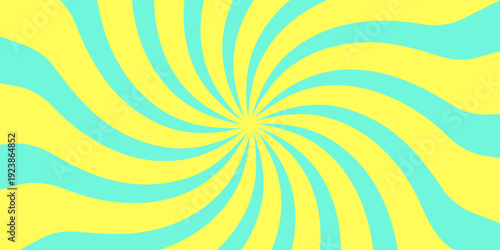 Psychedelic swirl backdrop with blue and yellow spiral creating vintage Y2K aesthetic. Colorful whirlpool bg. Retro radial vortex design featuring pastel colors, whimsical circus-inspired illustration