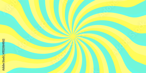 Psychedelic swirl backdrop with blue and yellow spiral creating vintage Y2K aesthetic. Colorful whirlpool bg. Retro radial vortex design featuring pastel colors, whimsical circus-inspired illustration