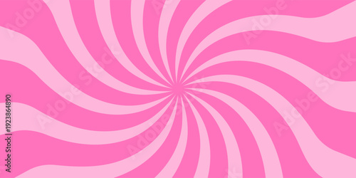 Retro candy cane spiral background with strawberry cream swirls. Pink whirlpool bg. Whimsical Y2K vortex pattern featuring pastel pink and white radial beams in psychedelic cartoon style.
