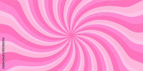 Retro candy cane spiral background with strawberry cream swirls. Pink whirlpool bg. Whimsical Y2K vortex pattern featuring pastel pink and white radial beams in psychedelic cartoon style.