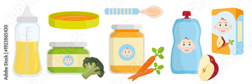 Set of useful vegetable and fruit baby food in cartoon style. Vector illustration: feeding bottle, bowl, jars with broccoli, carrot puree, apple, carrot juice, spoon isolated on white background.