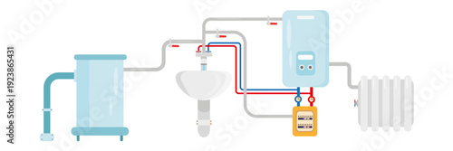 Vector illustration of heating system, hot water supply. Cartoon scene: gas boiler, red, blue pipeline for hot, cold water, gas boiler, electrical panels, batteries isolated on white background.