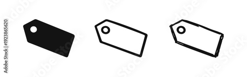 Angled price tag icon set in solid, outline, and hand-drawn styles for product labeling.