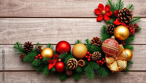 Elegant gold and red Christmas ornaments, garland, and pine cones on a rustic wooden background, ornaments, cozy