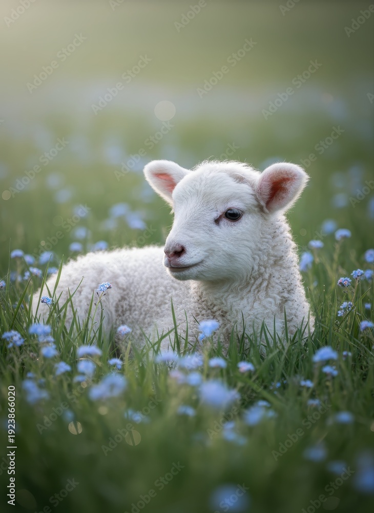 Obraz premium Fluffy white lamb resting in a field of green grass and small blue flowers with soft natural light