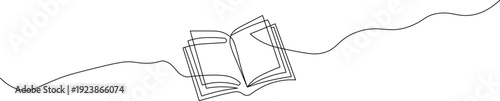 A minimalist line drawing of an open book with a flowing ribbon emerging from its pages

