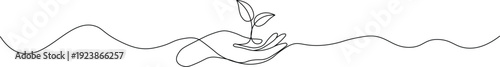 A minimalist line drawing of a hand nurturing a small plant with a wavy line in the background

