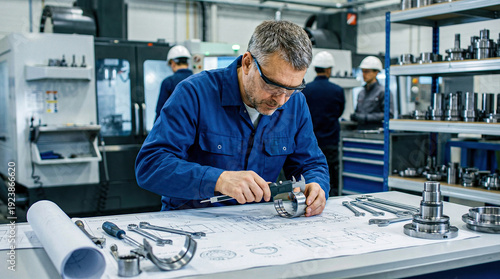 mechanical engineer measuring a bearing with caliper in a modern factory workshop.