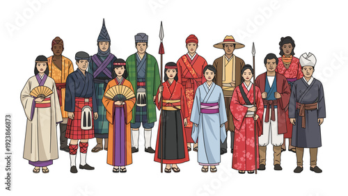 Diverse group of people wearing traditional costumes and ethnic clothing from many different cultures standing together.