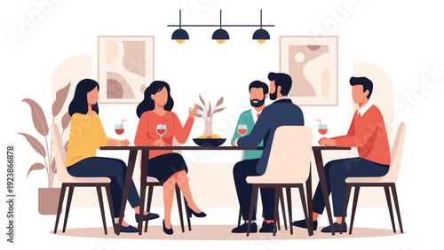 Group of friends having a dinner party and enjoying conversation while sitting around a table in a stylish room.
