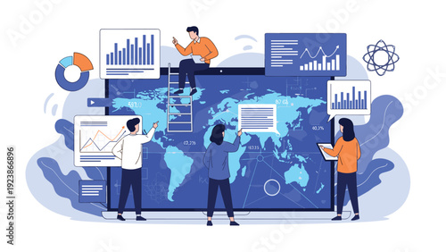 Data analysis and global business concept with professional team working around a large digital world map screen.