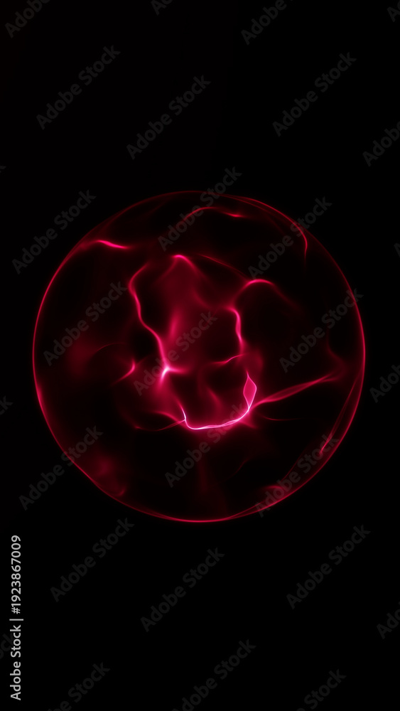 Fototapeta premium Intense red glowing plasma energy sphere with liquid light surface and electric wave lines, abstract futuristic power orb, dramatic neon illumination on dark technology background