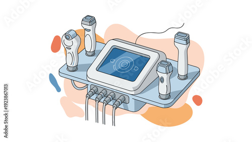 Professional medical diagnostic equipment including an ultrasound machine with various transducers for clinical examination.