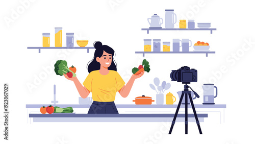 Food blogger or influencer recording a healthy cooking video with fresh vegetables in a modern kitchen studio.