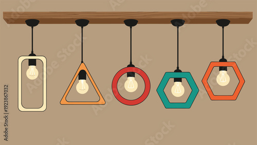 Modern interior lighting fixture with five hanging lamps featuring colorful geometric frames in a minimalist design.