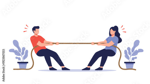 Two professional business characters having a competitive tug of war challenge in a minimalist office setting.