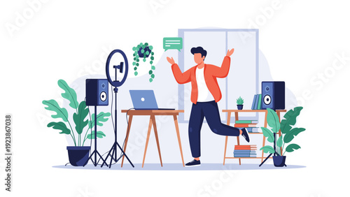 Content creator or influencer recording a video or live streaming from home studio with professional equipment.