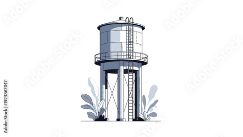 Industrial water tower structure with metal ladder and storage tank surrounded by stylized plants in minimalist design.
