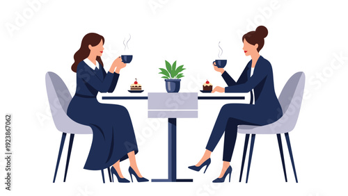 Two professional businesswomen sitting together at a cafe table discussing important work while enjoying coffee and dessert.
