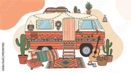 Decorated bohemian camper van parked in nature with outdoor seating area featuring ethnic rugs, pillows, and acoustic guitar.