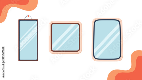 Assortment of three wall mirrors in various shapes including rectangular and square with simple wooden frames.