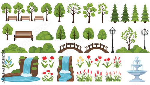 Comprehensive collection of park and garden landscaping elements including trees, benches, bridges, flowers, and fountains.