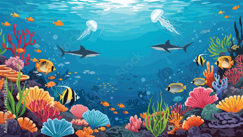Beautiful underwater coral reef ecosystem teeming with diverse tropical fish, sharks, jellyfish, and colorful sea plants.