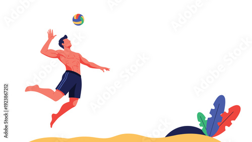 Athletic male volleyball player jumping high in the air to spike a ball on a sunny sandy beach with tropical plants.