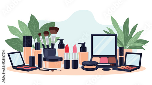 Extensive collection of professional makeup products including brushes, lipsticks, foundation, and eye shadows with plants.