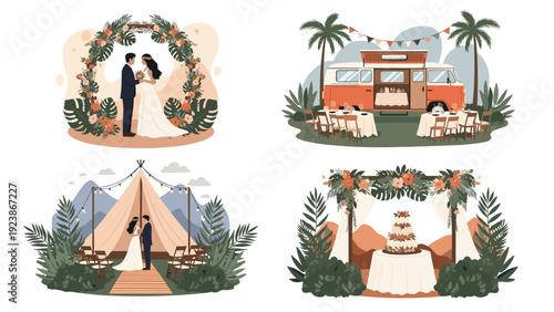 Beautiful collection of wedding scenes including the bride and groom under floral arches and an outdoor reception setup.