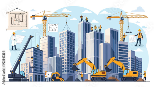 Large scale urban construction site with multiple high rise buildings, cranes, excavators, and workers following blueprints.
