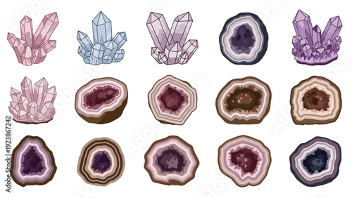 Extensive collection of purple amethyst crystal clusters and polished geode slices displaying intricate mineral patterns and textures.