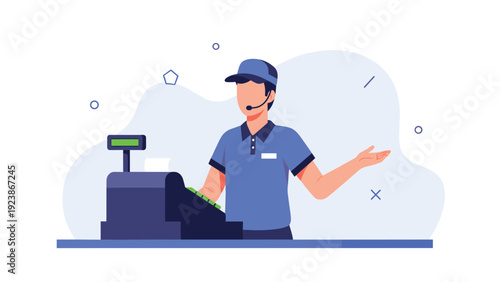 Friendly customer service representative wearing a blue uniform and headset standing at a modern digital cash register in retail store.