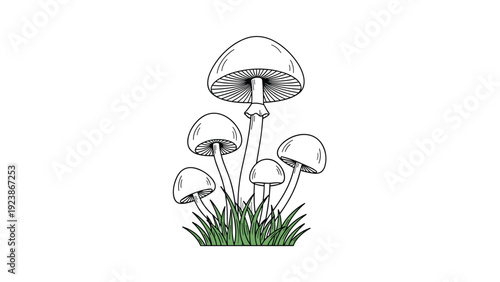 Detailed black and white line art illustration of several mushrooms growing together in a patch of green grass on a white background.
