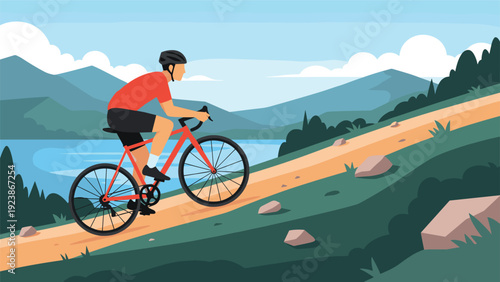 Professional cyclist riding a red road bike uphill along a scenic mountain trail overlooking a beautiful blue lake and distant peaks.
